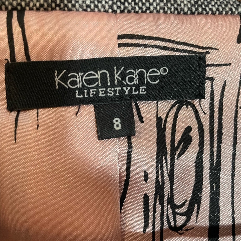 Karen Kane Wool Gray Black Piping & Ribbon Tie Suit Jacket Size 8 Pants Size 12 - Picture 2 of 16